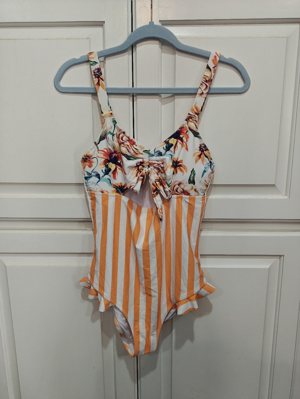 Cupshe Orange & White Striped Floral Tie-Front One-Piece Swimsuit